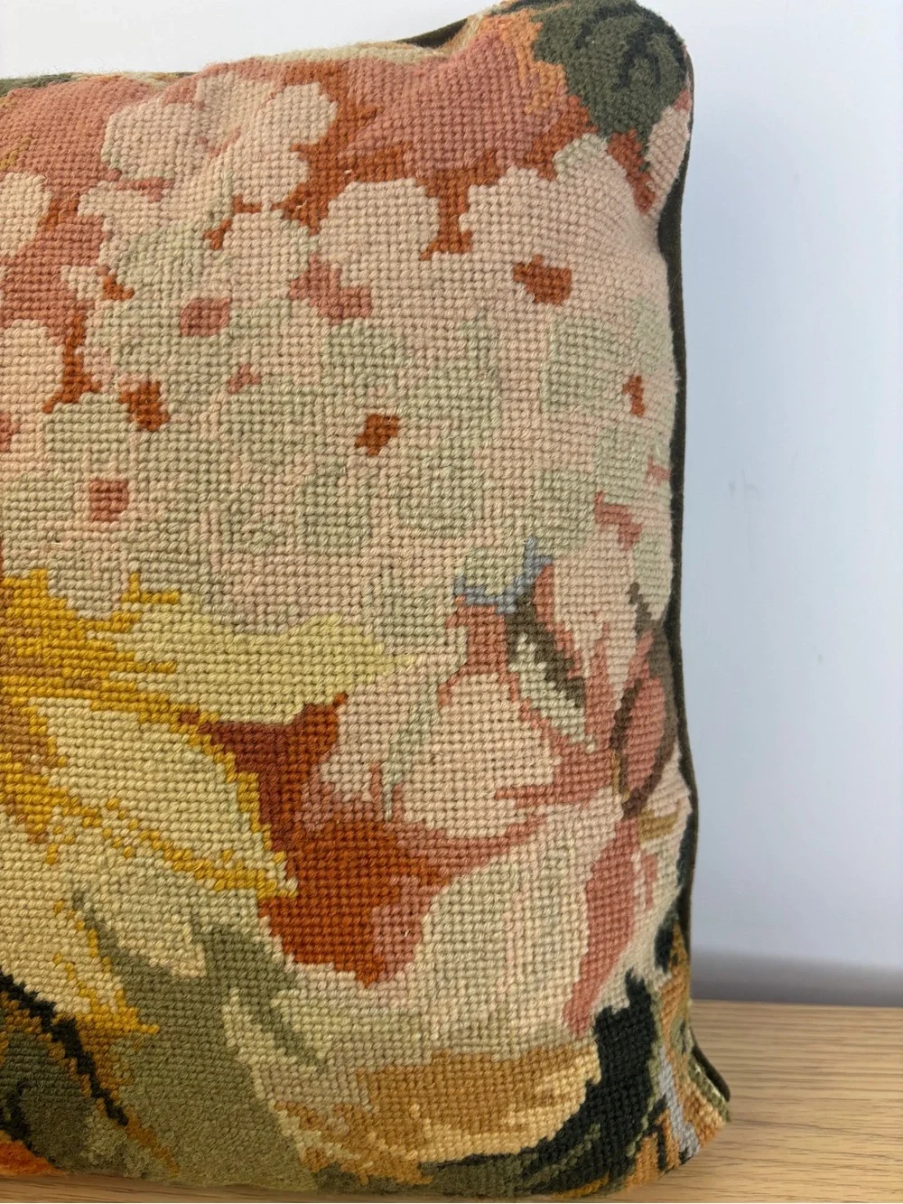 Vintage Floral Tapestry Needlepoint Throw Pillow - Multi-Color Velvet Back
